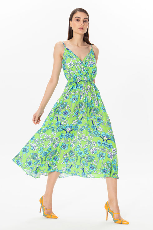 Floral Patterned V-Neck Midi Dress With Pockets